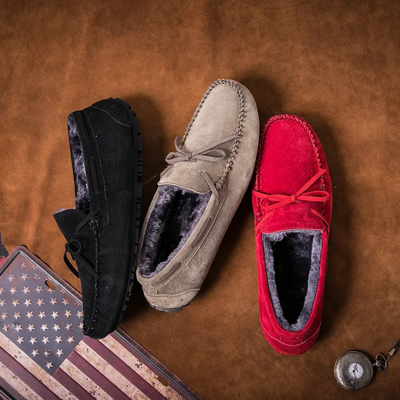 Slip On Driving Shoes For Men Khaki Winter Plush Mens Shoes Suede Loafers Fur Man Moccasins Leather Boat Shoes Male Casual Flats