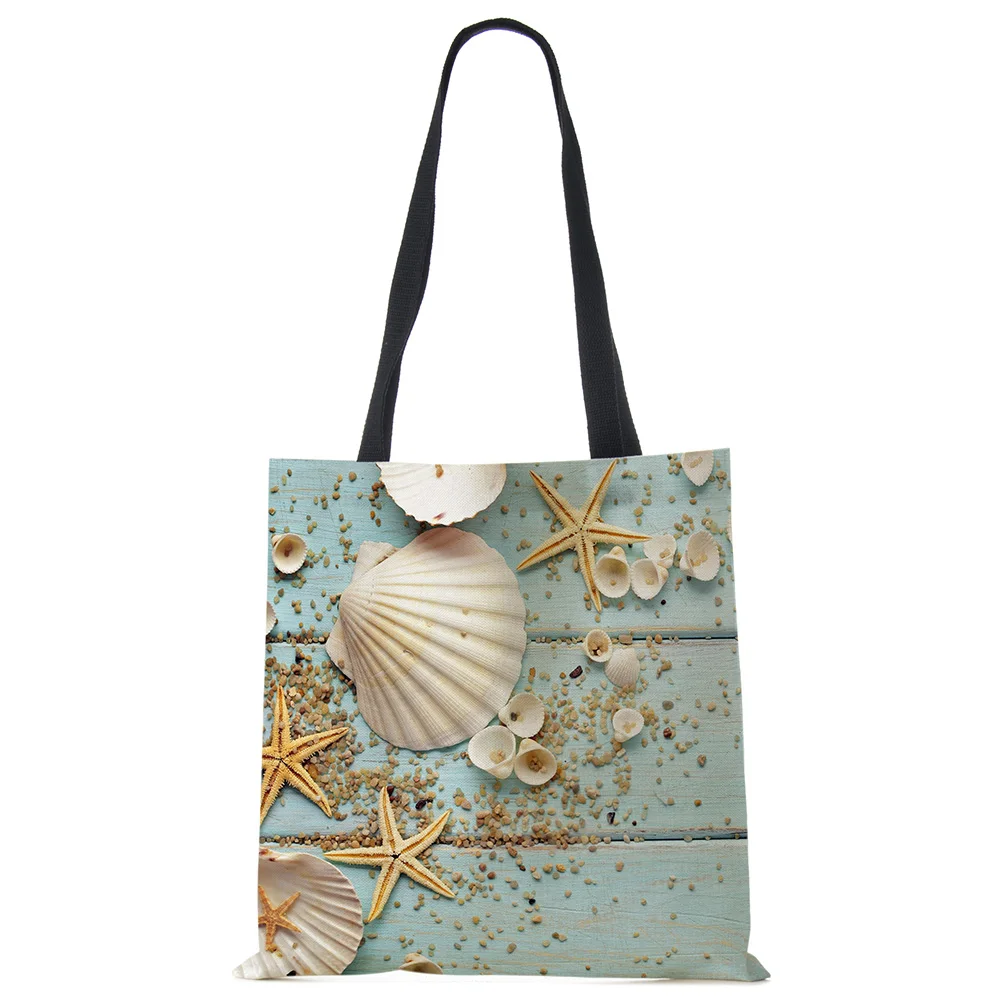 Ladies Shoulder Bag Blue Ocean Starfish Beach Sand Prints Tote Bag Linen Fabric Beautiful Casual Practical Handbag