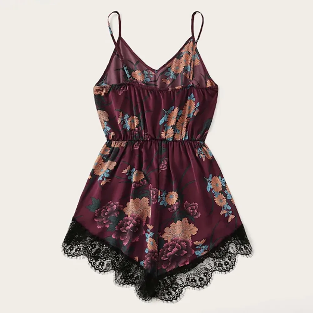New Arrival 2019 Sexy Silk Flower Print Bodysuit Women Summer Lace V Neck Spaghetti Strap Club Bodysuits Fashion Body Top