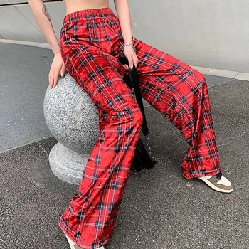 

Fashion Plaid Pirnt Velvet Elastic High Waist Pants Women 2020 Streetwear Loose Trousers Pantalon Straight Sweatpants Femme