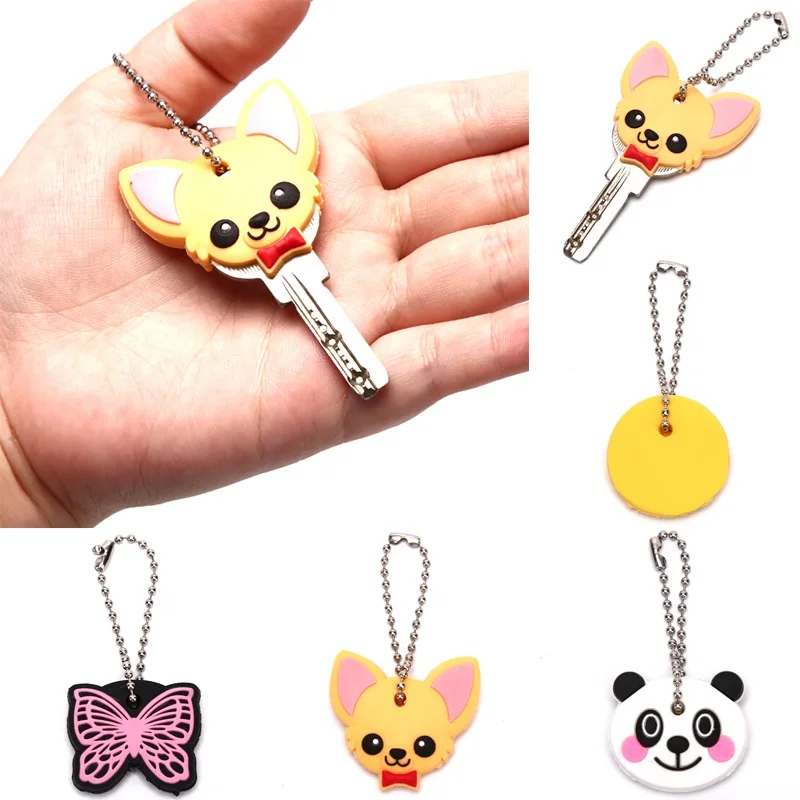 1Pc New Silicone Key Ring Cap Head Cover Keychain Case Shell Dog Butterfly Cat Animals Shape Lovely Jewelry Gift