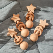 Hochet en bois de hêtre pour bébé, 1 pièce, anneau de dentition, étoile, jeu Musical à mâcher, jouet pour poussette Montessori