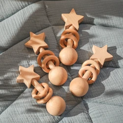 Hochet en bois de hêtre pour bébé, 1 pièce, anneau de dentition, étoile, jeu Musical à mâcher, jouet pour poussette Montessori 