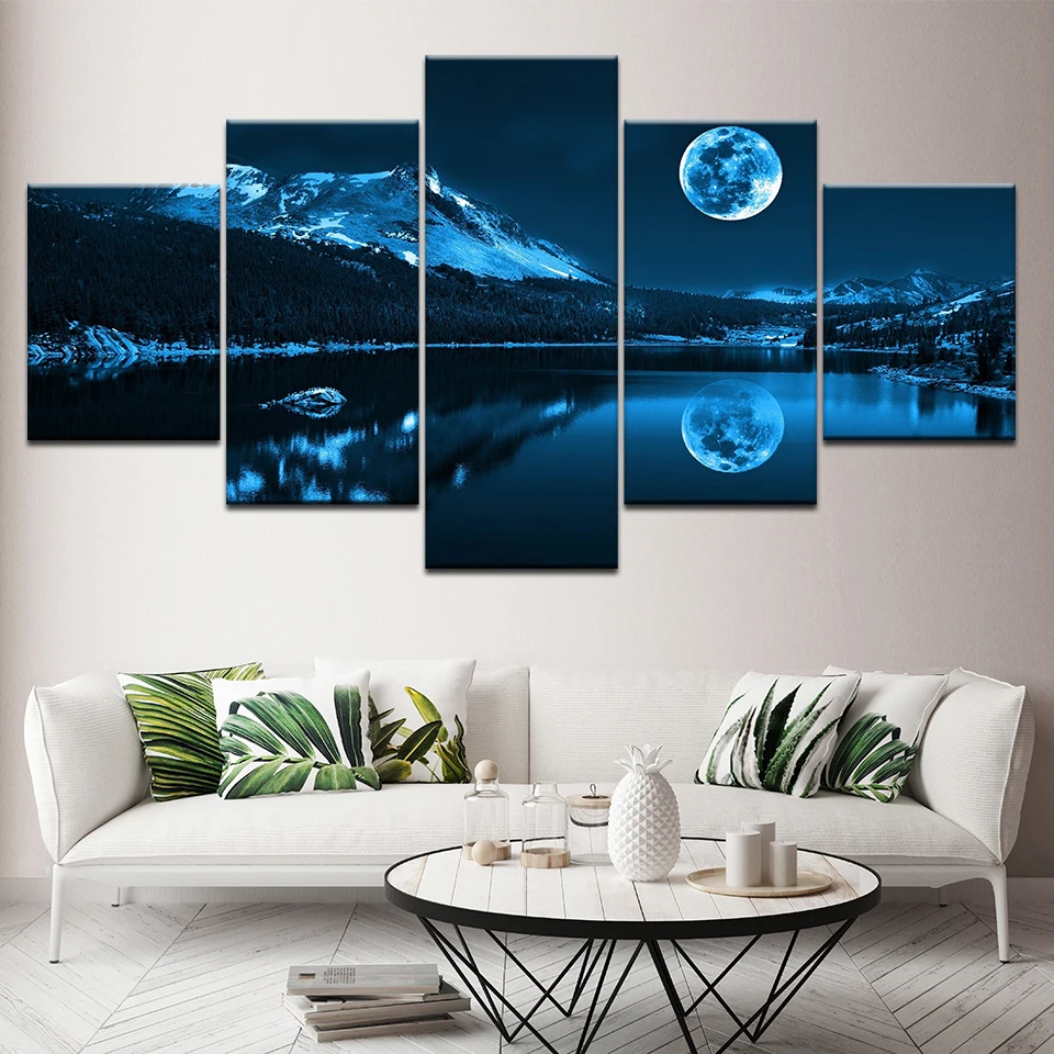 Modern Decoration Home Wall Art Modular Pictures Canvas 5 Pieces Abstract Blue Moon Night Scene Paintings HD Printing Framework