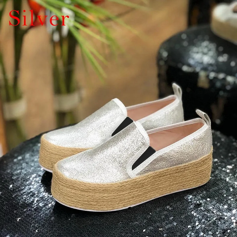 Модная женская обувь на плоской подошве сандалии на веревочной подошве-платформе лоферы; обувь без застежки; женские летние новые слипоны парусиновая Повседневная дышащая обувь