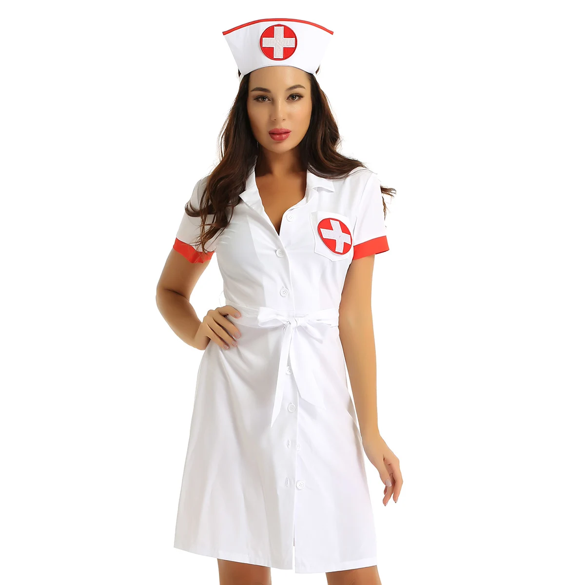 Женский сексуальный костюм медсестры воротник с отворотом короткий рукав кнопка вниз женское нарядное платье униформа с поясом и шляпой взрослый наряд на Хэллоуин - Цвет: White