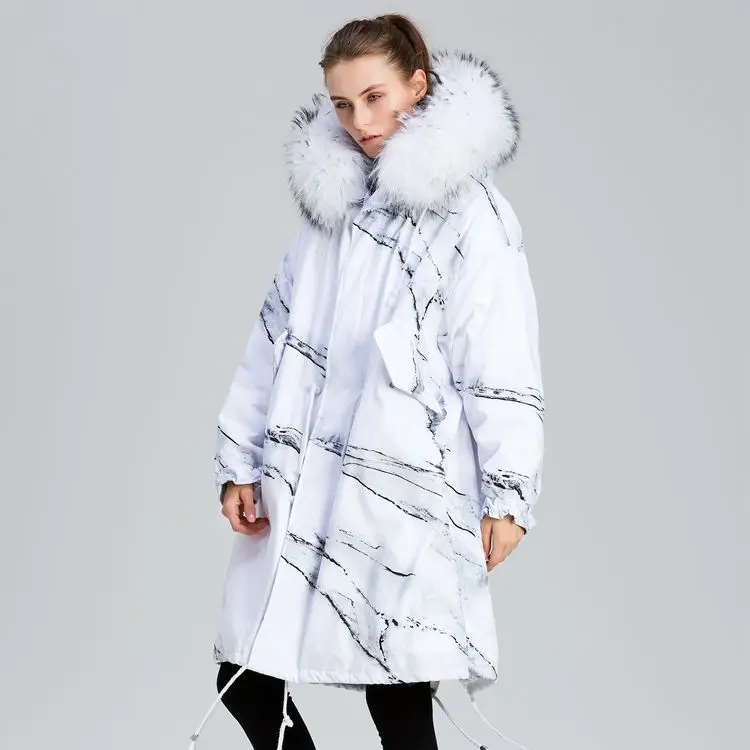 Ink painting design new personality loose raccoon white collars in the long winter coats for women