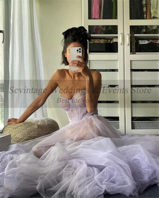 Simple A Line Tulle Ruffle Pink Prom Dresses Strapless Modest Formal E