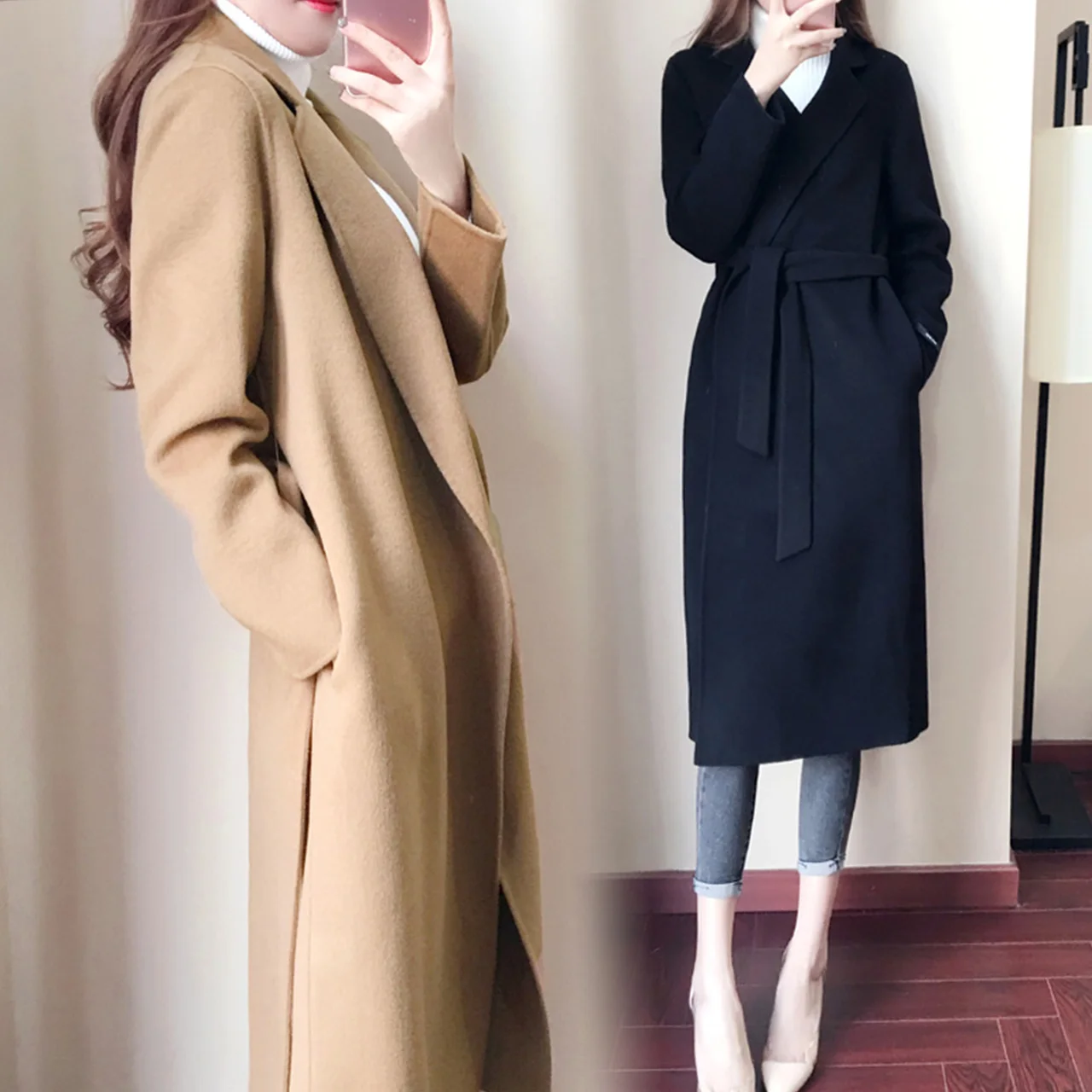 

Elegant Wool Coat Female 2019 Autumn & Winter Solid Color Tie Windbreaker Long Wool Jacket