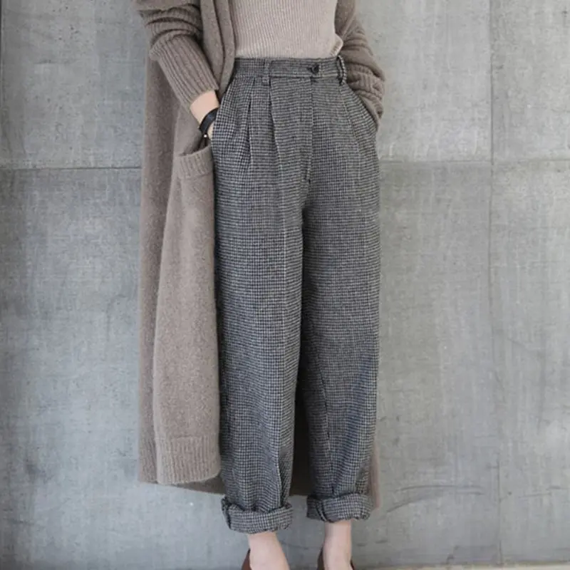 

Thick Spring Autumn Woolen Pants Women Elastic High Waist Casual Loose Wide Leg Plaid Pants Plus Size Korean Ladies Trousers