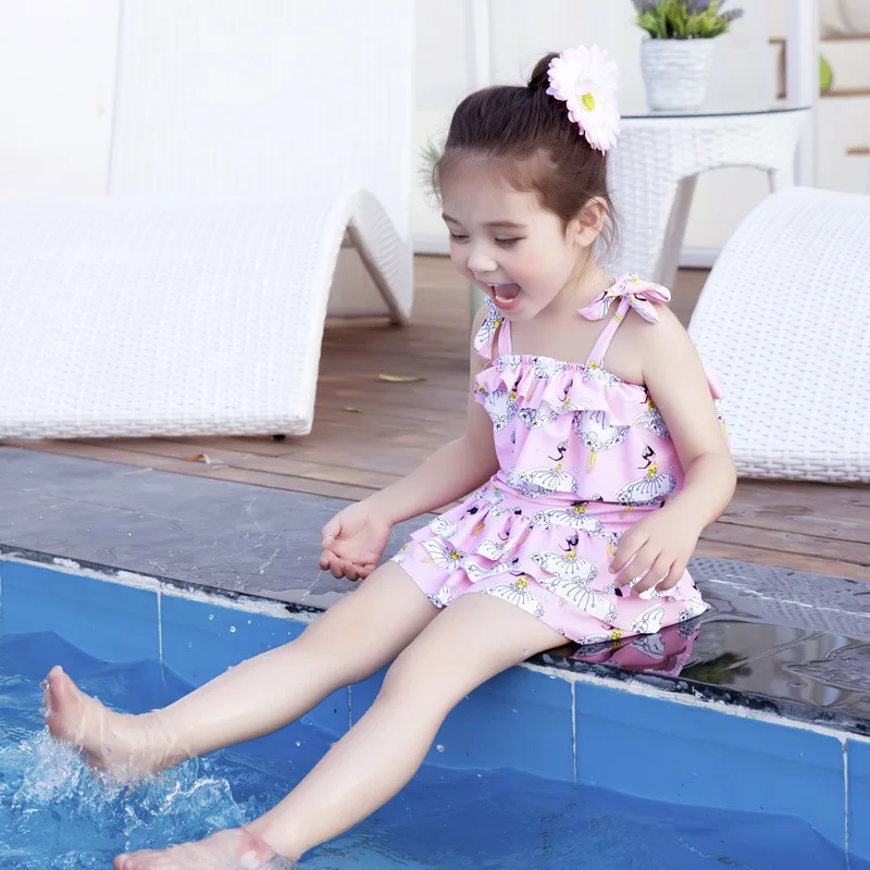 

KID'S Swimwear Doll Print GIRL'S One-piece Swimming Suit with Hat Multilayer Dress Small Skirt Baby-Swimwear