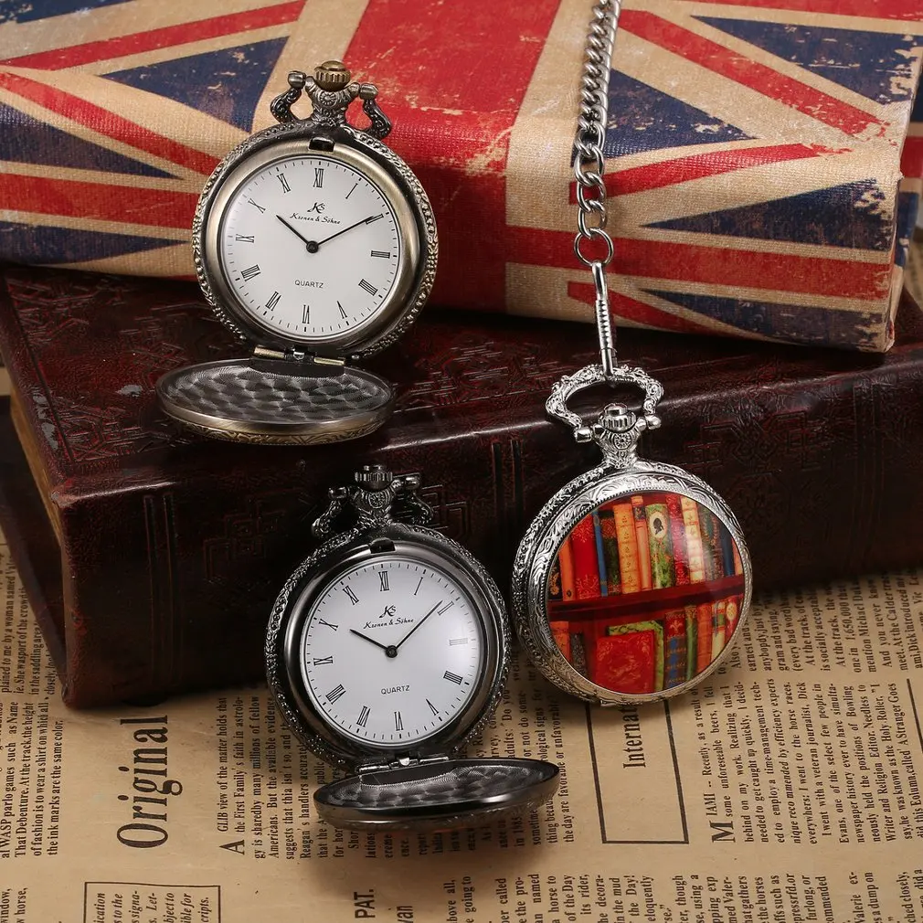 Retro KS Roman Number Analog Dial Silver Books Library Case Round Face Chains Quartz Clock Men 3