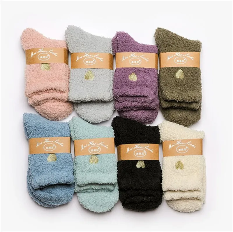 5Pairs/lot Heart print Candy Color Soft Women Fluffy Socks Coral Velvet Autumn Winter Warm Terry Towel Fuzzy Socks wholesale