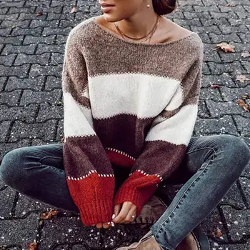 

Muyogrt Women Striped Sweater Autumn Winter O Neck Long Sleeve Sweater Loose Knit Pullover Patchwork Pull Femme Jersey Mujer