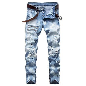 

Streetwear Mens Jeans Fashion Washed Zippers Ripped Jeans Blue Stretch Slim fit Denim Pants Male R2229