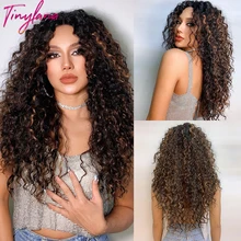 

Long Kinky Curly Deep Wavy Black Brown Highlight Lace Frontal Synthetic Wigs For Black Woman Daily Party Cosplay Heat Resistant