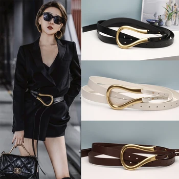 

Large horseshoe metal buckle leather belt double belt autumn and winter leather decorative waist seal with coat