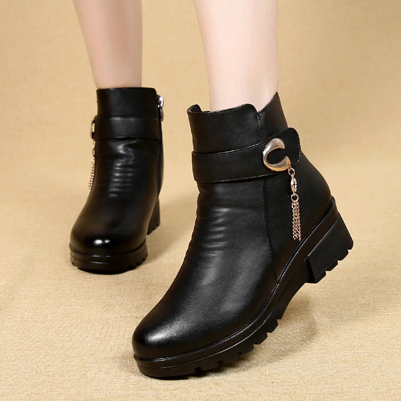 Winter Shoes New Women Boots Genuine Leather Wedge Heels Non-slip women's boots large size mother warm boots Famale Snow Boots