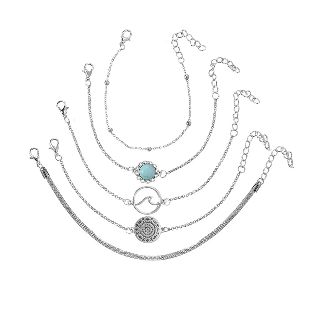 5 шт./компл. модные женские туфли серебряный с натуральным камнем бусины Браслеты геометрический Круглый браслет с волной в богемном стиле Вечерние браслет ювелирные изделия