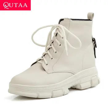 

QUTAA 2020 Round Toe Casual Lace Up Antiskid Women Shoes Autumn Winter Square Heel PU Leather Buckle Ankle Boots Big Size 34-43