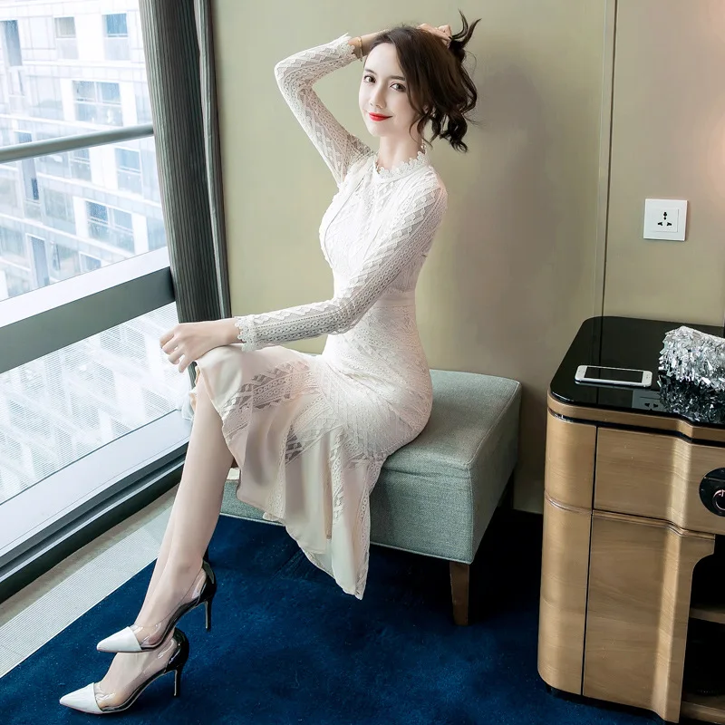 

Long Sleeve Lace Dress Women's 2018 New Style WOMEN'S Dress Elegant Fishtail Waist Hugging Medium-length Skirt