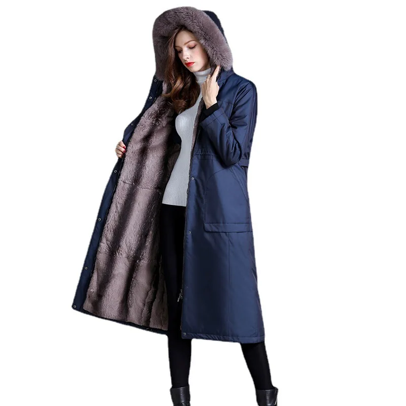 

Women Winter Faux Fur Coat Female Long Removable Imitate Rex Rabbit Fur Liner Overcoat Faux Fox Fur Collar Parkas Jacket