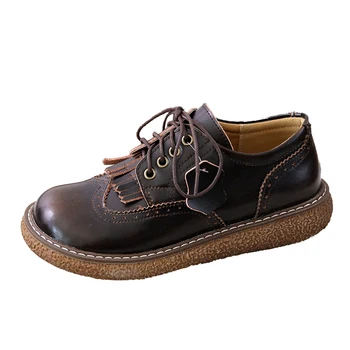 

Retro Lace-Up Thick-Sole Women's Shoes Handmade Big Head Doll Shoes Genuine Leather Tassel Mori Girl Literary Flats Casual Shoes