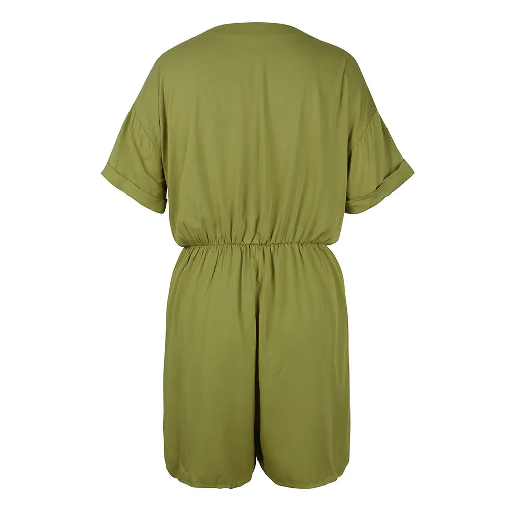 Jaycosin Fashion Summer Women Casual Solid V-Neck Button Wild Stylish Short Sleeve Comfortable Playsuit Casual Short Jumpsuit311