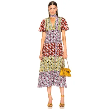 

Summer 2019 Dress Sexy Patchwork Short Print V Neck Women Fashion Temperament Night Club Body con Party Dresses Wholesale