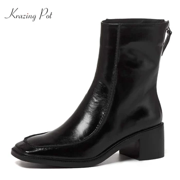 

krazing pot high quality short boots real leather streetwear leisure square toe thick high heel zipper gorgeous ankle boots L60