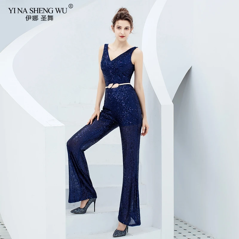 

Evening Sleeveless Sexy Jumpsuits For Women Sequined V-neck Party Clothing Slim Backless Rear zipper Length Party Jumpsuits New
