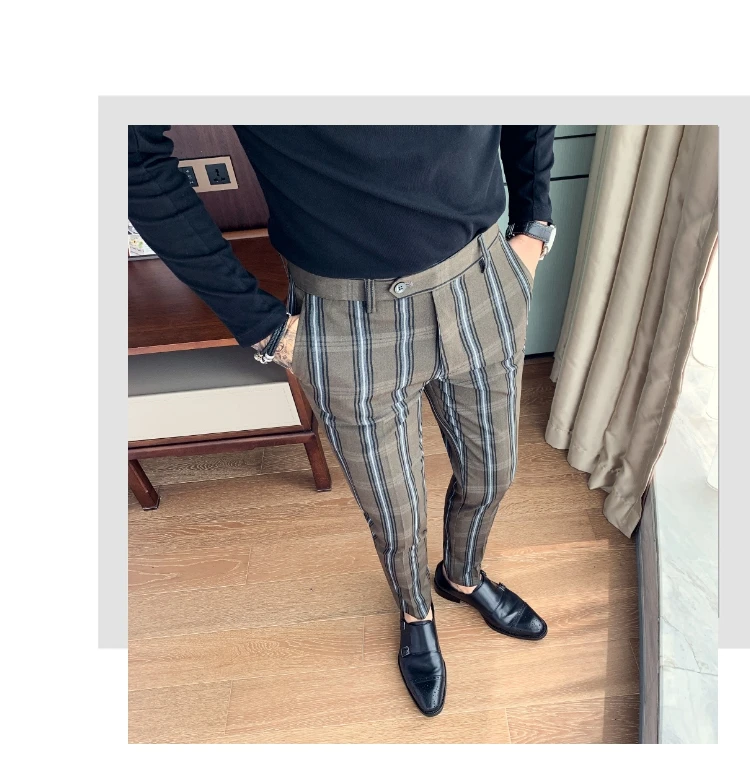 Черные, серые, зеленые клетчатые брюки для мужчин Slim Fit мужской костюм в полоску брюки Роскошные длиной до щиколотки Мужские модельные брюки формальные деловые P14
