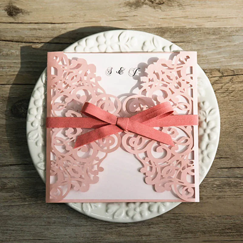 

10PCS Invitation Card Holiday Wedding Birthday Hollow Greeting Card Ribbon Bow Card Western Invitation Letter
