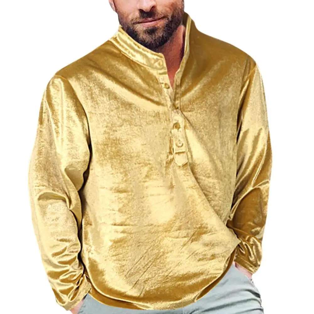 Для Мужчин's стиль Золотой Бархат с длинным рукавом Свободная блузка Осень модные сплошной Цвет удобный пуловер Топ для мужской