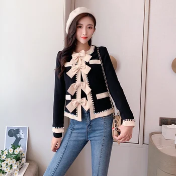 

Women Elegant Office lady Long Sleeve Short Coat High quality Vintage Black Bow Rhinestone Jacket Outwear Female Women Clothing