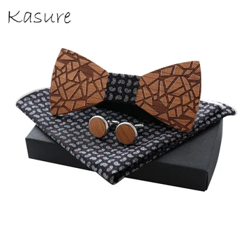 

KASURE Wooden Bow Tie 3 pcs Gift Set For Business Men Necktie Handkerchief Cufflinks For Wedding Party Hombre For Gentleman