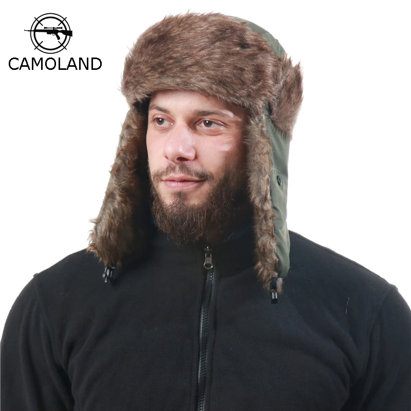 

CAMOLAND Winter Hat For Women Men Faux Fur Bomber Hat Outdoor Windproof Earflap Hats Russia Ushanka Cap Male Snow Ski Caps