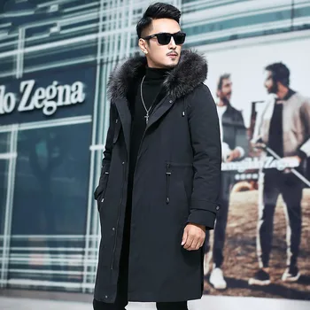 Billig Herren Parka Echtpelz Mantel Lange Winter Jacke MĂ€nner GroĂe WaschbĂ€ren Pelz Kragen NatĂŒrliche Kaninchen Pelz Liner Parkas Mann C29A717271