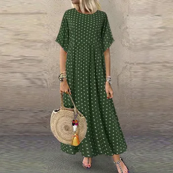 

Woman's Short Sleeve Dot Printed Long Dress Ladies O-Neck Loose Casual Summer Dress Plus Size Dresses Ropa Mujer #LR1
