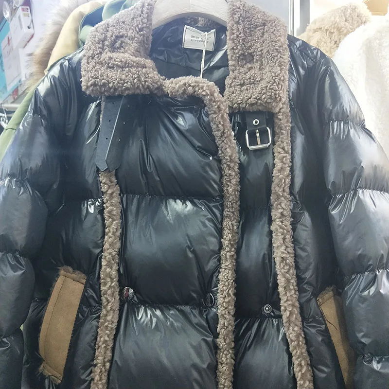 Зимняя женская парка, новинка, Корейская, свободная, стоячий воротник, глянцевая панель, искусственный мех ягненка, с подкладкой, женская, толстая, хлопковая парка, пальто