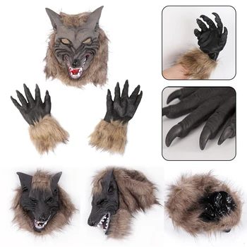 

Fancy Dress Costume Party Horror Adult Kids Role Play Animal Wolf Mask and Gloves Halloween Scary Latex Wolf Head Mask With Hair