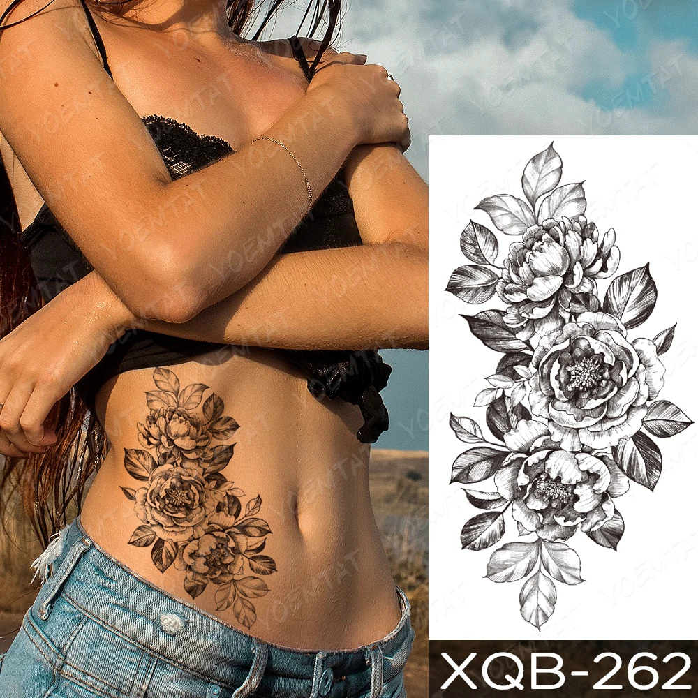 Faux tatouage noir grande fleur de serpent pour femmes, autocollant temporaire, à pois, Rose, pivoine, transfert d'eau, bricolage