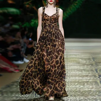 

OUSHANG temperament catwalk leopard dress women 2020 spring new V-neck high waist slim long pleated suspender women