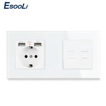 

Esooli Crystal Glass Panel EU Standard Electric Socket with 2 USB + RJ45 CAT5E Internet Jack Wall Data Socket Computer Outlet