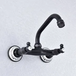 Kitchen Wet Bar Bathroom Vessel Sink Faucet Black Oil Rubbed Brass Wall Mounted Swivel Spout Mixer Tap Dual Handles msf730