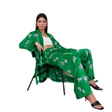 Fashionable Home Nightgown European and American Style Pajamas Women's Long-Sleeved Lengthened Trousers Clothing Printed