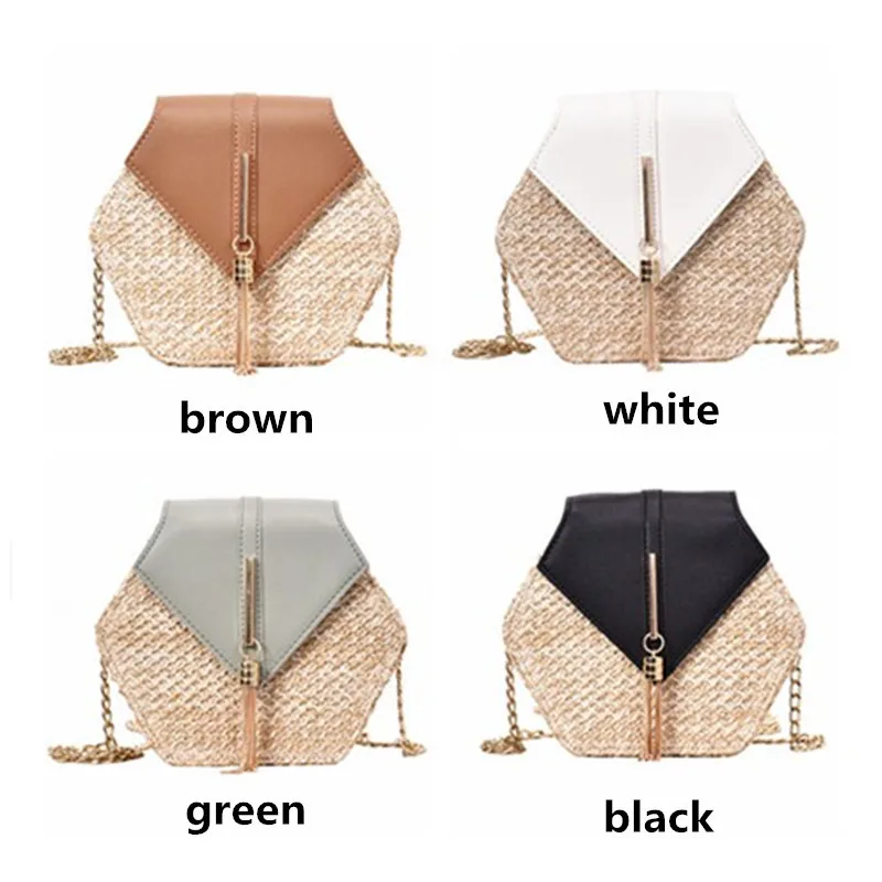 Hexagon Style Straw+leather Handbag Women Summer Rattan Bag Handmade Woven Beach Circle Bohemia Shoulder Bag