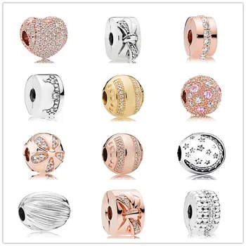 

925 Sterling Silver Shining Bow With Crystal Clip Lock Stopper Charm Beads Fit Women Pandora Bracelet & Necklace Jewelry