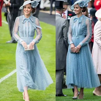 

The Duke and Duchess of Cambridge Star of the Same Paragraph 2019 Women's Clothing Blue Heavy Embroidery Long Temperament Dress
