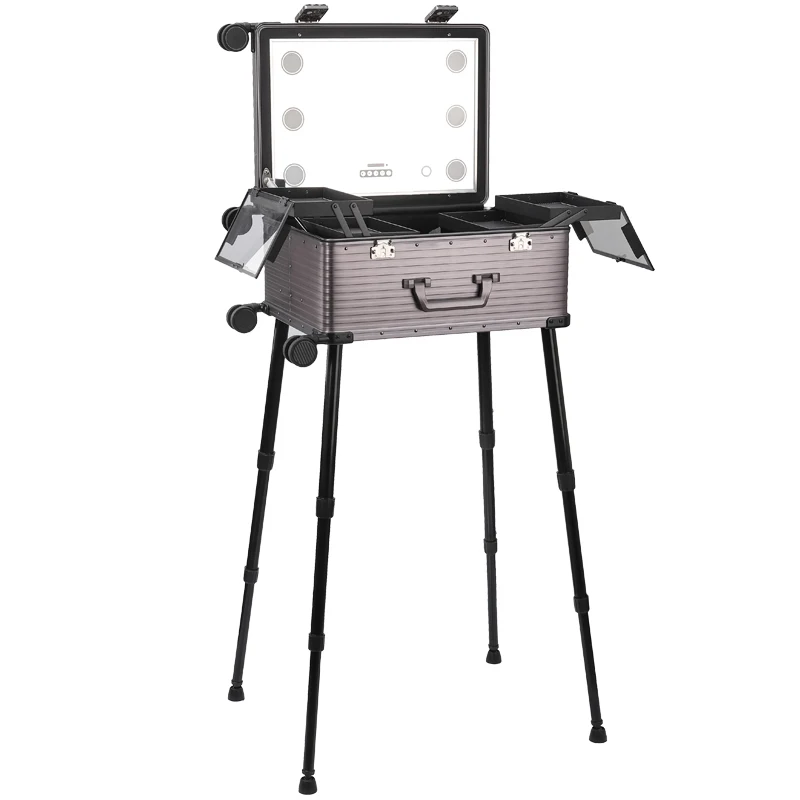TENSUNVIS Aluminum alloy Profelssional makeup beauty Lighting Rolling travel trolley LED light make up case 4 WHEELS